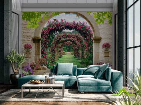 выбрать Фотообои  Вид из окна на сад с розами Фотообои в стиле прованс на стену