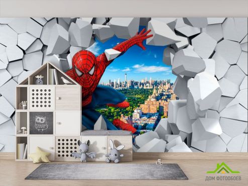 выбрать Фотообои Человек паук 3Д Фотообои Фотообои в детскую: горизонталная, горизонтальная, красный ориентация на стену
