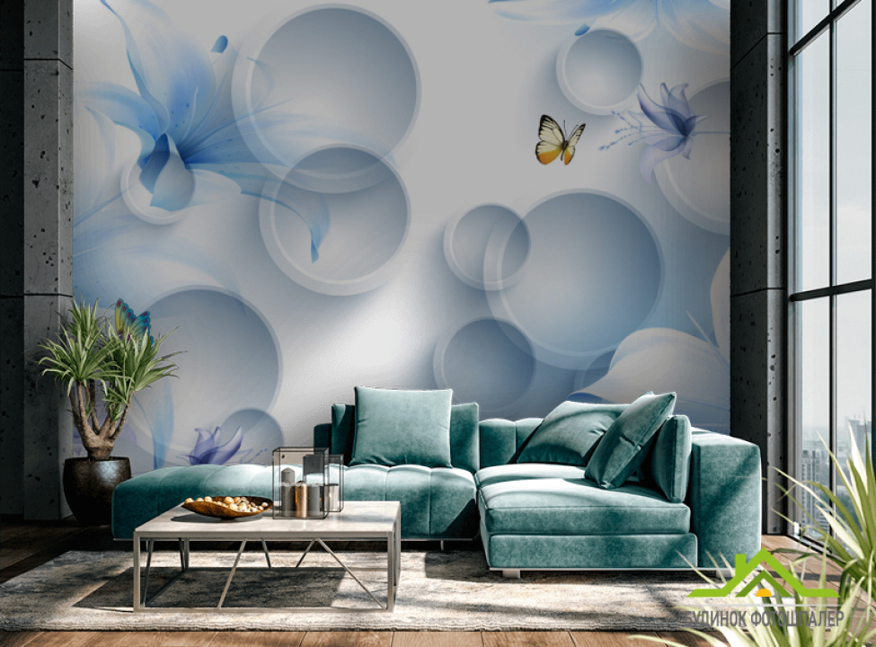 выбрать Фотошпалери Сині квіти з метеликами Каталог фотошпалер на стіну