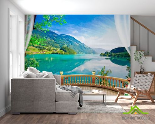 выбрать Фотообои Панорамное окно с озером Фотообои, цвет: «горизонталная, горизонтальная» на стену