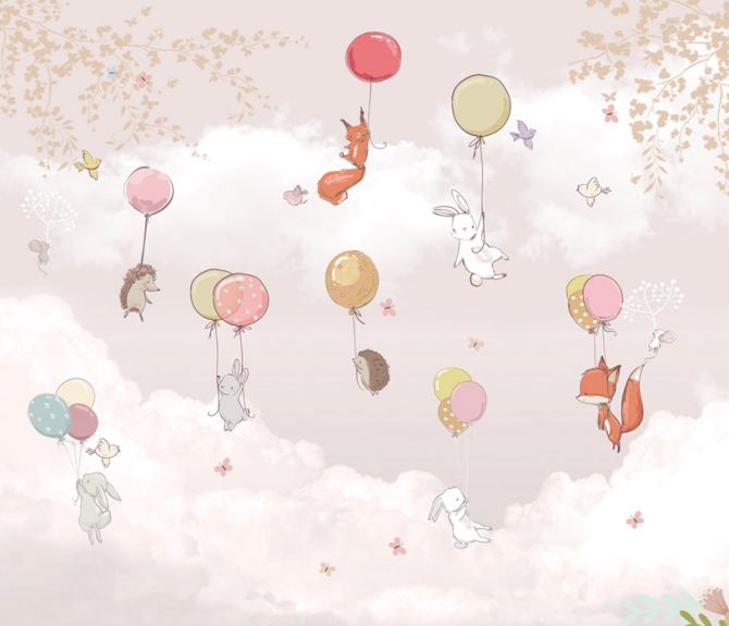 Фотошпалери Звірі на повітряних кульках у рожевому небі