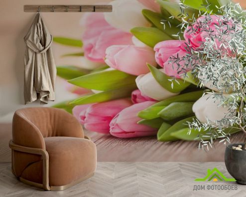 выбрать Фотообои белые и розовые тюльпаны Фотообои Фотообои Цветы: горизонталная, горизонтальная ориентация на стену
