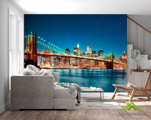 выбрать Фотообои Мост  ночного New York Синие фотообои на стену