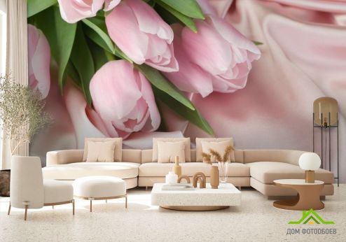 выбрать Фотообои розовые тюльпаны на розовой ткани Фотообои Тюльпаны на стену
