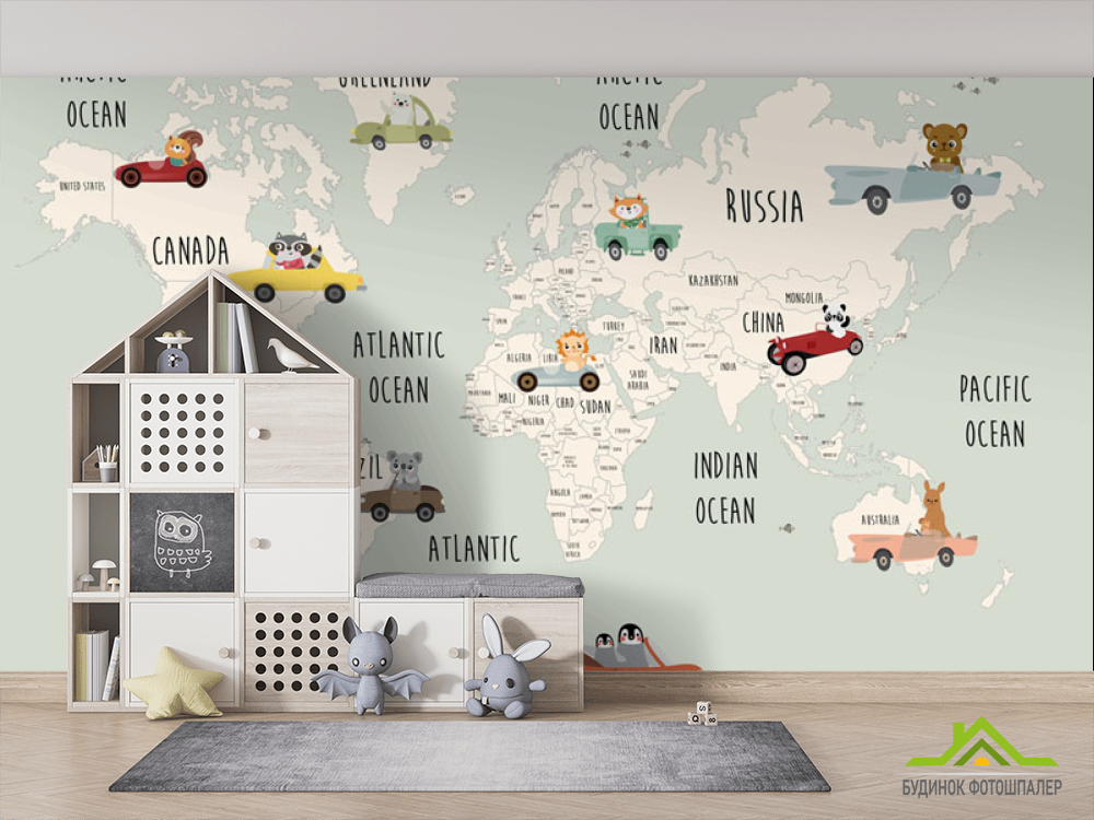 Фотошпалери Дитяча карта з машинками для хлопчика англійською