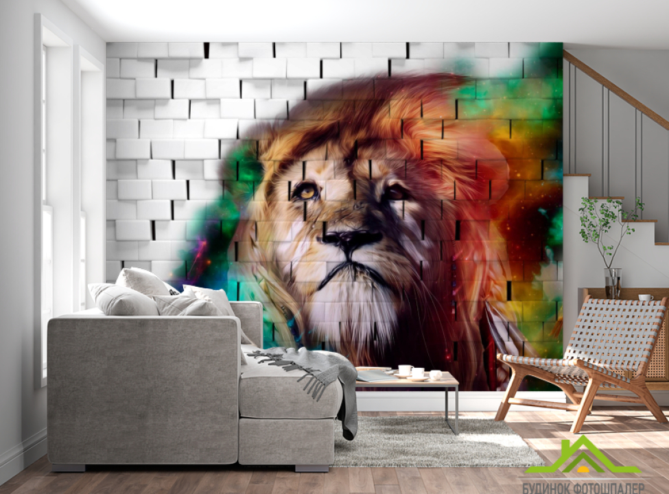 выбрать Фотошпалери 3Д лев на тлі цегляної стіни Каталог фотошпалер на стіну