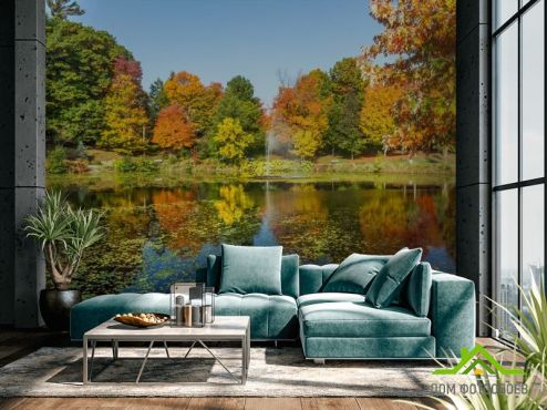 выбрать Фотообои осень деревья и фонтан над озером  на стену