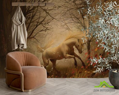 выбрать Фотошпалери Кінь у лісі Фотошпалери Фотошпалери Тварини: Коні, малюнок на стіну