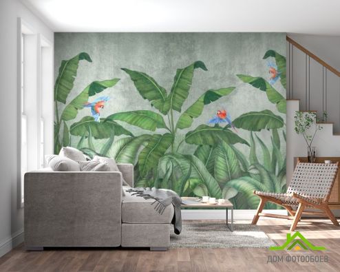 выбрать Фотообои Банановые листья с попугаями Фотообои тропические листья на стену