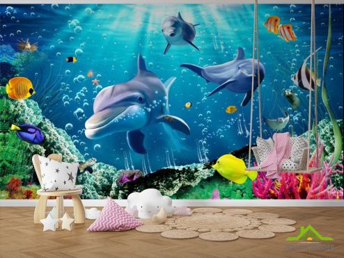 выбрать Фотообои Дельфины в море Фотообои Фотообои в детскую: горизонталная, горизонтальная ориентация на стену