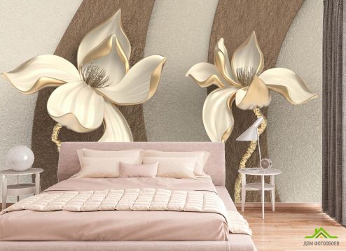 выбрать Фотошпалери Золоті квіти 3д Спальня: квадратна, горизонтальна орієнтація на стіну