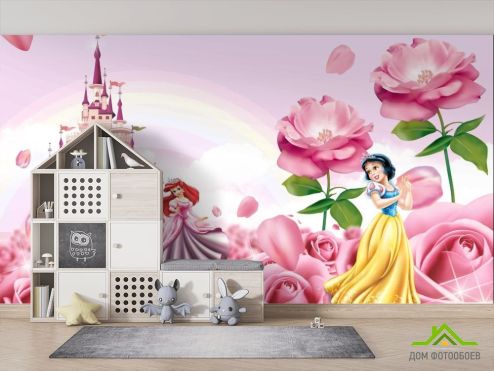 выбрать Фотообои Розовый замок с принцессами Фотообои, цвет: «горизонталная, горизонтальная» на стену