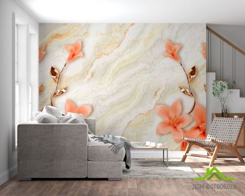 выбрать Фотообои Оранжевые цветы с ветками Фотообои 3Д барельеф на стену