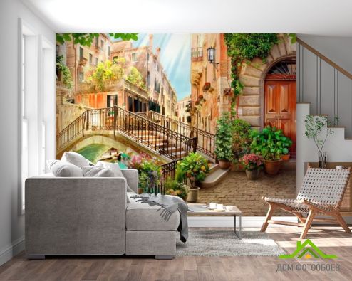 выбрать Фотообои Мост, дом, цветы Фотообои Фотообои Дизайнерские фрески: фото, разноцветный  на стену