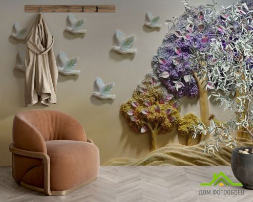 выбрать Фотошпалери Дерева з птахами Фотошпалери Фотошпалери 3D барельєф: квадратна, горизонтальна орієнтація на стіну