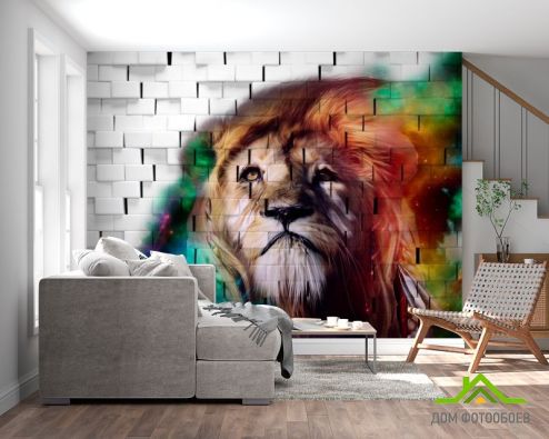 выбрать Фотообои 3д лев на фоне кирпичной стены Фотообои, цвет: «горизонталная, горизонтальная» на стену