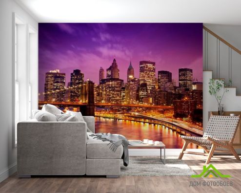 выбрать Фотообои Ночной город, мост Фиолетовые фотообои на стену