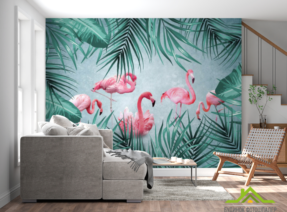 выбрать Фотошпалери фламінго на тропічних листках Каталог фотошпалер на стіну