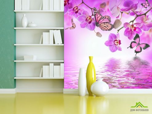 выбрать Фотошпалери орхідеї з метеликами над водою Фотошпалери Квіти на стіну