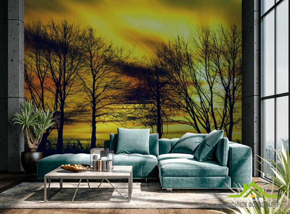 выбрать Фотообои желтое небо за деревьями Каталог фотообоев на стену