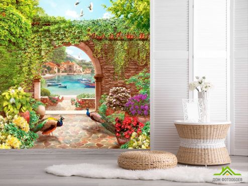 выбрать Фотообои Павлины, арка, цветы Фотообои Фотообои Дизайнерские фрески: фото, квадратная  на стену