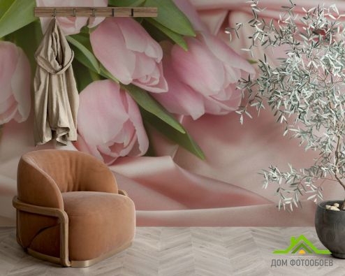 выбрать Фотообои розовые тюльпаны на розовой ткани Фотообои Фотообои Тюльпаны: горизонталная, горизонтальная ориентация на стену