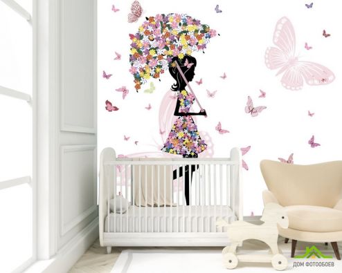 выбрать Фотообои Фея под цветочным зонтом Фотообои Фотообои в детскую: квадратная ориентация на стену