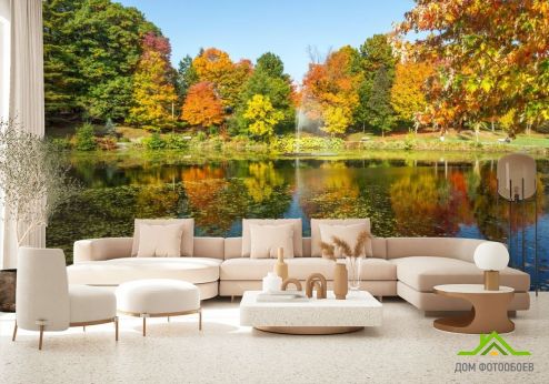 выбрать Фотошпалери осінь дерева і фонтан над озером Фотошпалери, колір: «» на стіну