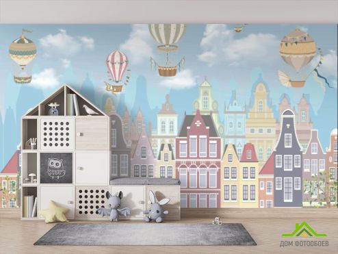 выбрать Фотообои Воздушные шары над домиками  на стену