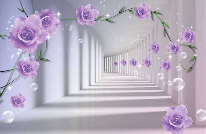 Фотошпалери 3D бутони фіолетових троянд