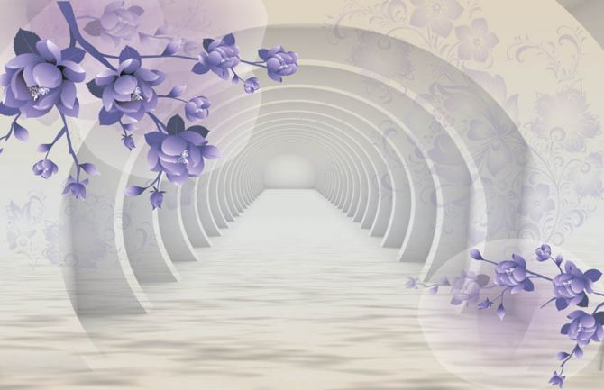 3д фотообои Тоннель с фиолетовыми цветами