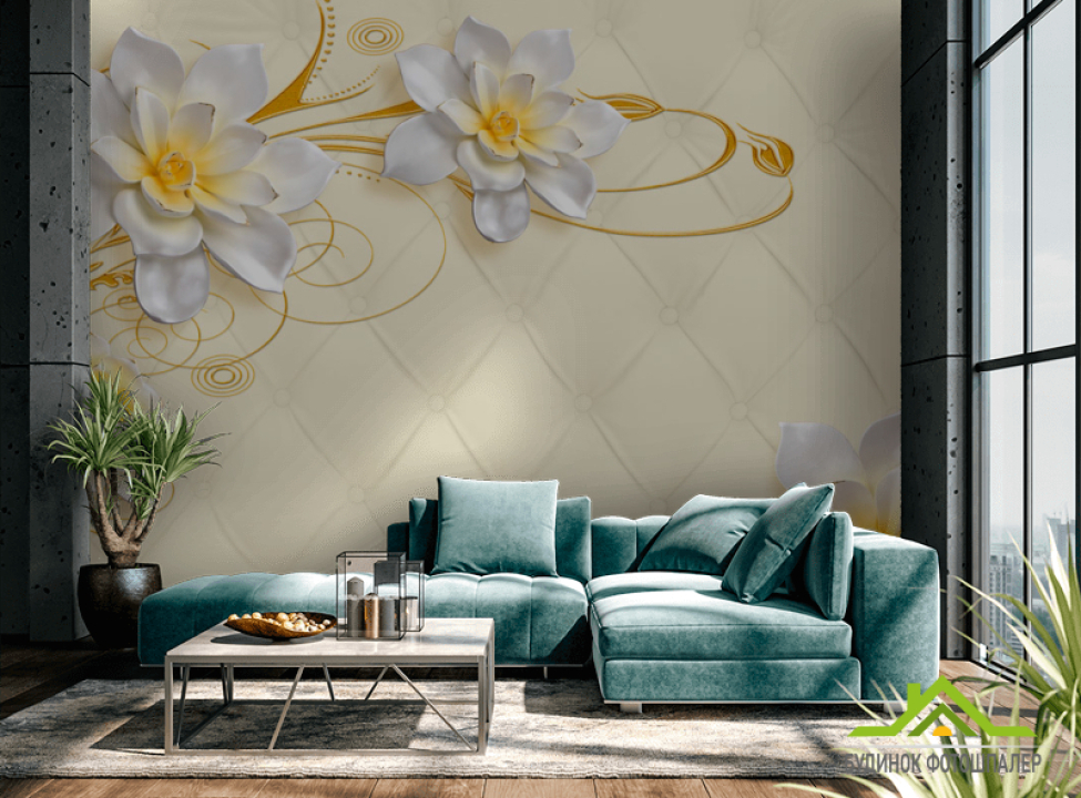 выбрать Фотошпалери Лілії на тлі тканини Каталог фотошпалер на стіну