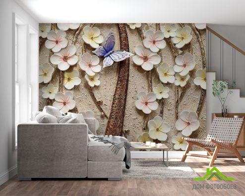 выбрать Фотошпалери Керамічні квіти з метеликом Фотошпалери 3Д барельєф на стіну