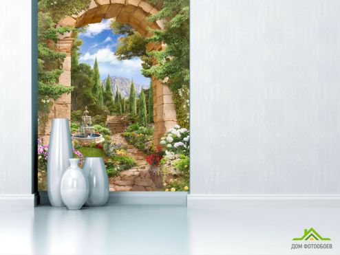 выбрать Фотообои Фонтан, арка, сад Фотообои Фотообои Дизайнерские фрески: фото, зелений, зеленый  на стену