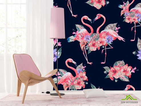 выбрать Фотообои розовые фламинго на темном фоне Фотообои Животные на стену
