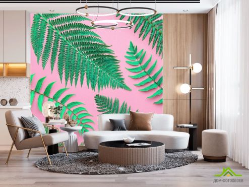 выбрать Фотообои листья на розовом фоне Фотообои тропические листья на стену