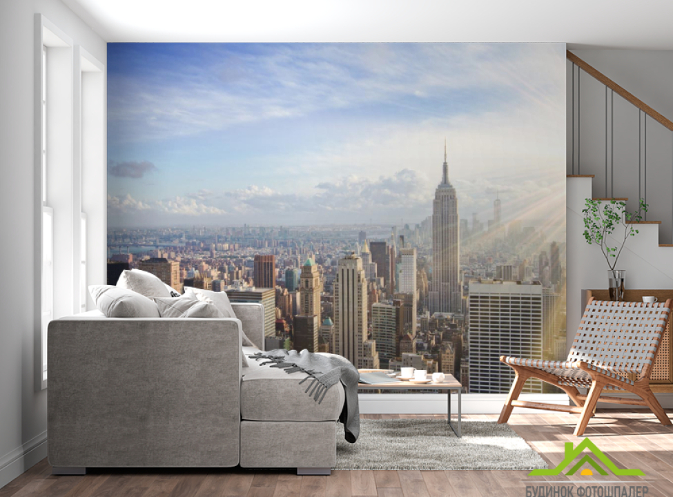 выбрать Фотообои солнце над шпилями многоэтажек Каталог фотообоев на стену