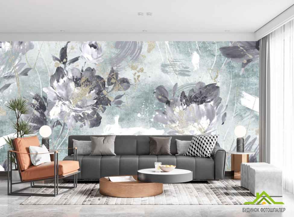 выбрать Фотошпалери дизайнерські квіти з бірюзовим золотом. Каталог фотошпалер на стіну