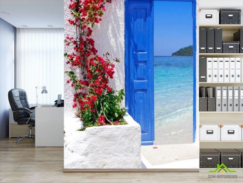 выбрать Фотообои Дверь с видом на море Фотообои Фотообои Города: вертикальная, голубой ориентация на стену