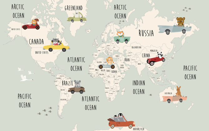 Фотошпалери Дитяча карта з машинками для хлопчика англійською