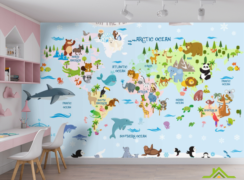 выбрать Фотошпалери блакитна карта англійською з тваринами Каталог фотошпалер на стіну