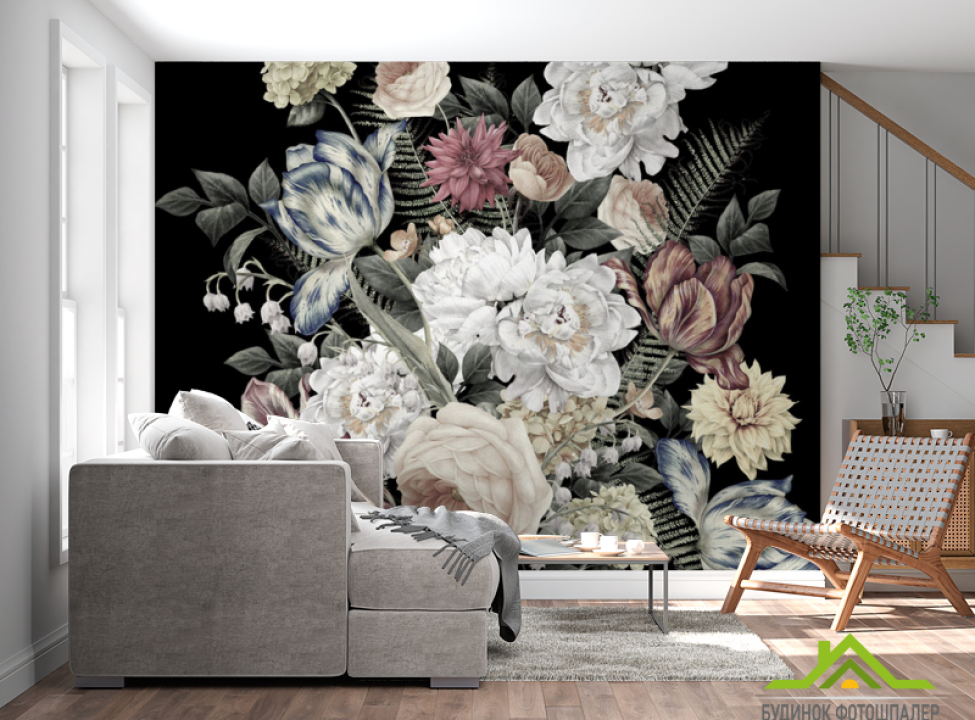 выбрать Фотошпалери Вінтажні квіти на чорному тлі Каталог фотошпалер на стіну