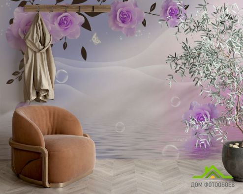 выбрать Фотообои  Фиолетовые 3д цветы Фотообои 3D фотообои: горизонталная, горизонтальная ориентация на стену