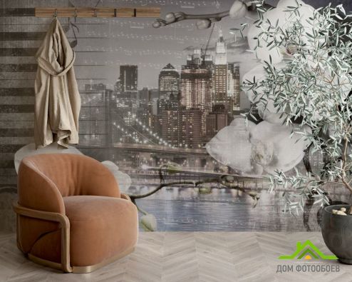выбрать Фотообои Орхидея на фоне города Фотообои 3D фотообои: горизонталная, горизонтальная, серый ориентация на стену