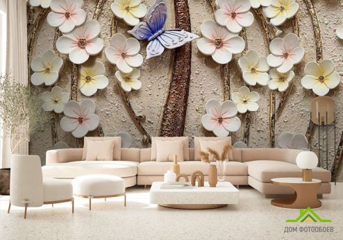 выбрать Фотошпалери Керамічні квіти з метеликом Фотошпалери 3Д на стіну