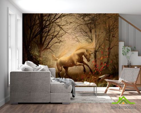 выбрать Фотошпалери Кінь у лісі Фотошпалери Фотошпалери Тварини: квадратна, горизонтальна орієнтація на стіну