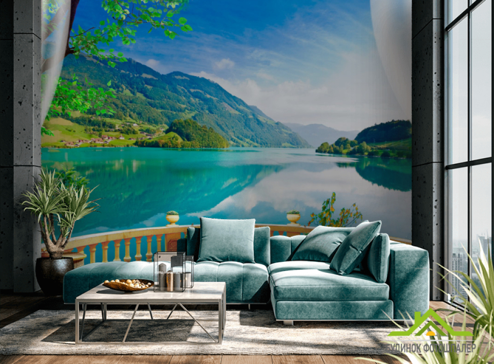 выбрать Фотообои Панорамное окно с озером Каталог фотообоев на стену
