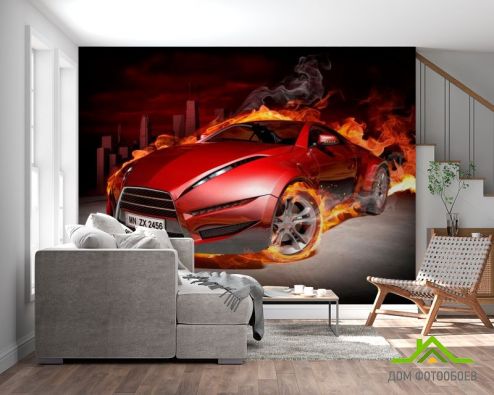 выбрать Фотообои Огненный автомобиль Фотообои Фотообои Транспорт: горизонталная, горизонтальная ориентация на стену