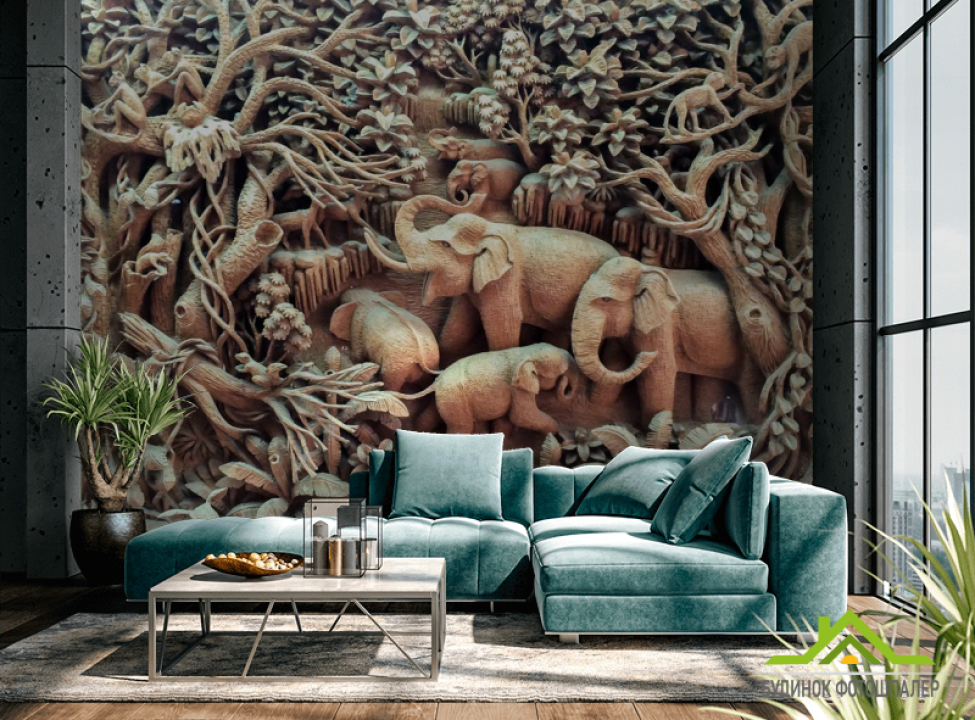 выбрать Фотошпалери дерев'яні слони Каталог фотошпалер на стіну