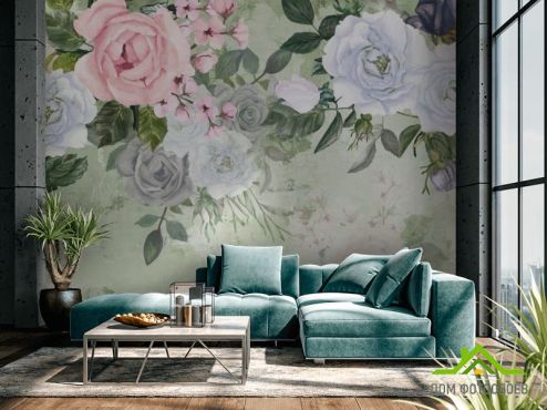 выбрать Фотообои Акварельные цветы на зелёном фоне  на стену